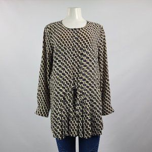 Maeve Bird Print Pleated Tunic Taupe & Black Top Size L